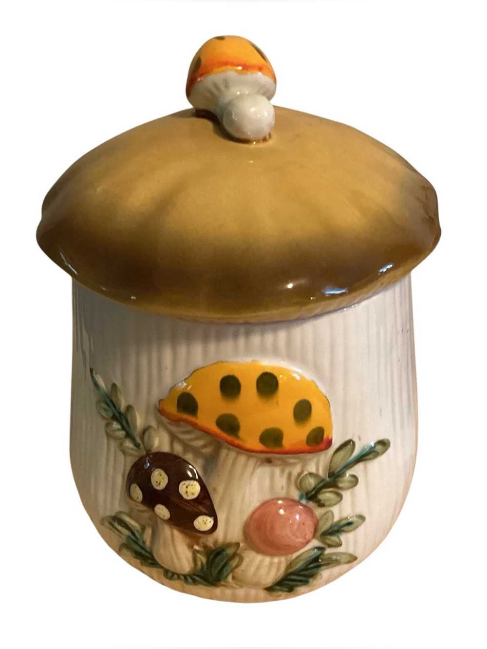 Sears Ceramic Mushroom Canister in Yellow, Brown and Cream